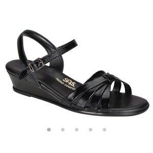 SAS Strippy Quarter Strap Wedge Sandal Women's Stylish Black Patent Size 11